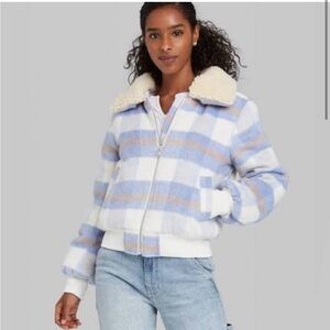 Plaid jacket coat with removable fur collar. Tan and cream with light purple